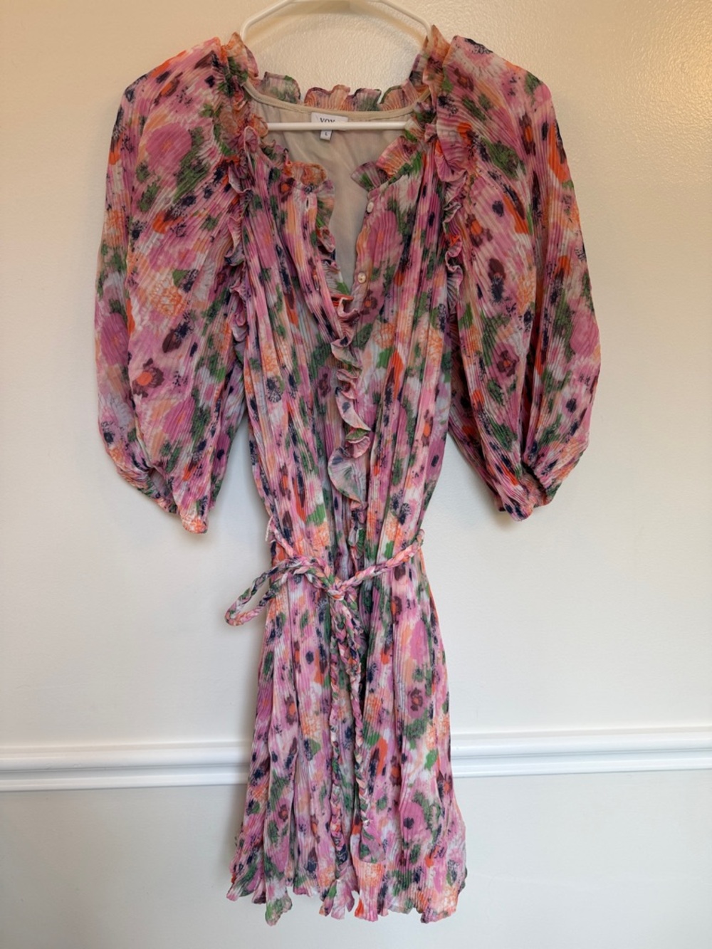 Women's Pink Floral Ruffle Tie-Waist Mini Dress